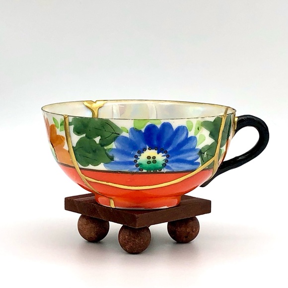 Retro Floral Teacup Kintsugi Eggshell Gold Crack Vtg MCM Japanese Growth Gift - Picture 4 of 16